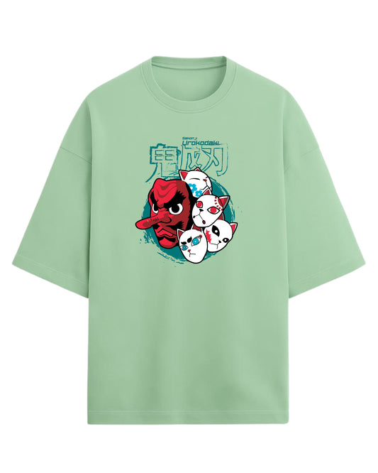 Sakonji Urokodaki & Fox Masks Oversized T-Shirt | Demon Slayer Training Arc Graphic Tee | Premium 260 GSM Cotton