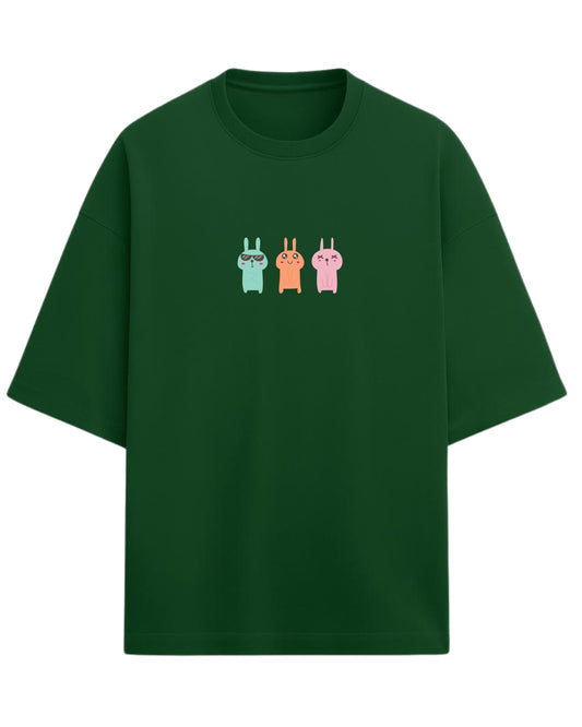 Bunny Trio Mood Oversized T-Shirt | Cute Cartoon Rabbit Graphic Tee | Premium 260 GSM Cotton