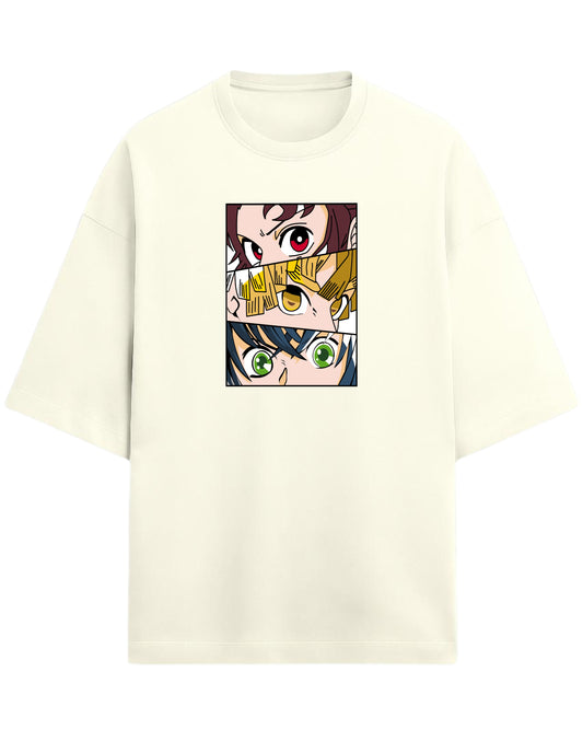 Demon Slayer Trio Eyes Oversized T-Shirt | Tanjiro, Zenitsu & Inosuke Anime Tee | Premium 260 GSM Cotton Blend