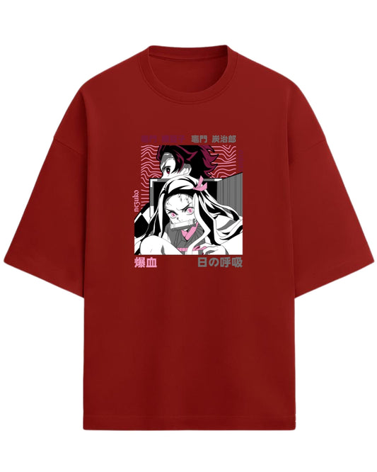 Tanjiro & Nezuko Sibling Duo Oversized T-Shirt | Demon Slayer Anime Graphic Tee | Premium 260 GSM Cotton