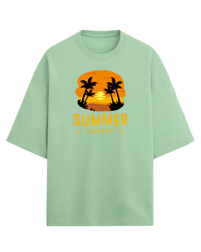 Summer Sunset Oversized T-Shirt | Tropical Beach Graphic Tee | Premium 260 GSM Cotton