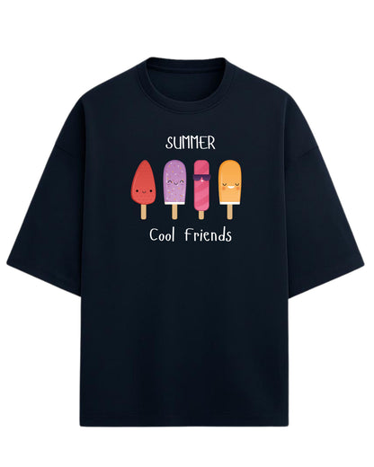Summer Cool Friends Oversized T-Shirt | Cute Ice Cream Graphic Tee | Premium 260 GSM Cotton