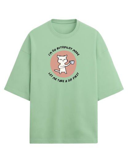 Autopilot Mode Cat Oversized T-Shirt | Coffee Lover Graphic Tee | Premium 260 GSM Cotton