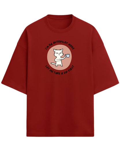 Autopilot Mode Cat Oversized T-Shirt | Coffee Lover Graphic Tee | Premium 260 GSM Cotton