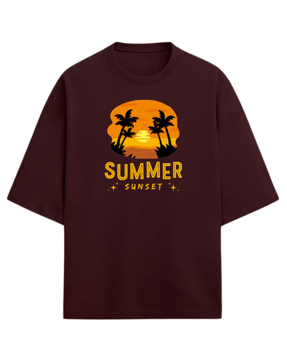 Summer Sunset Oversized T-Shirt | Tropical Beach Graphic Tee | Premium 260 GSM Cotton