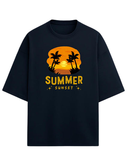 Summer Sunset Oversized T-Shirt | Tropical Beach Graphic Tee | Premium 260 GSM Cotton
