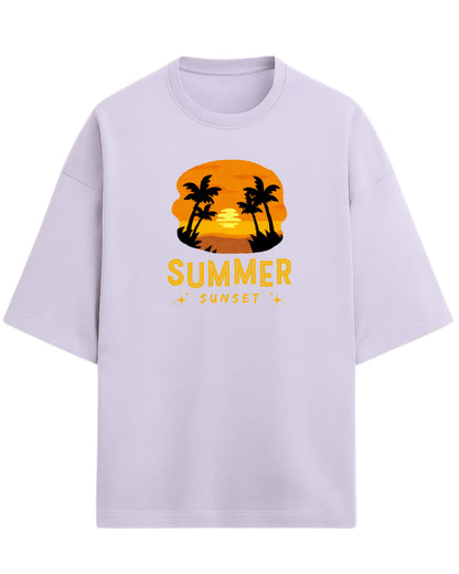 Summer Sunset Oversized T-Shirt | Tropical Beach Graphic Tee | Premium 260 GSM Cotton
