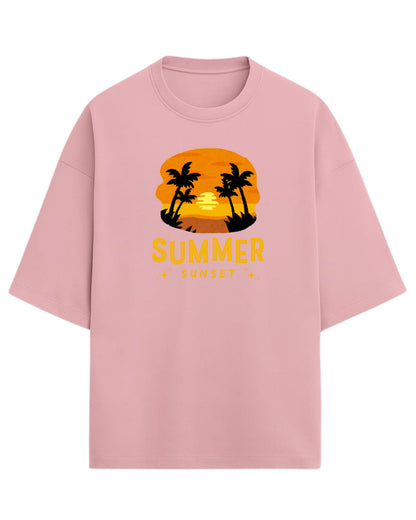 Summer Sunset Oversized T-Shirt | Tropical Beach Graphic Tee | Premium 260 GSM Cotton