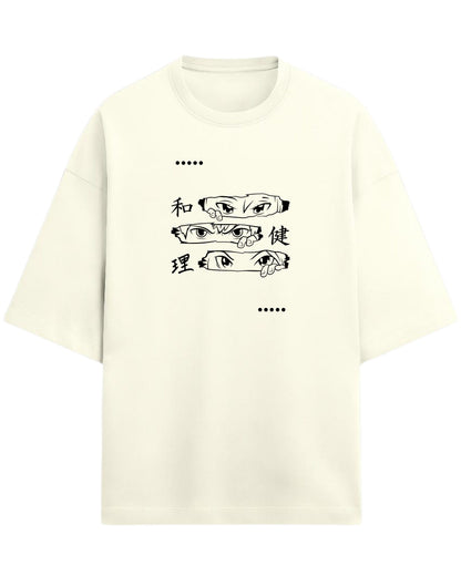 Anime Eyes Trio Oversized T-Shirt | Japanese Kanji Graphic Tee | Premium 260 GSM Cotton