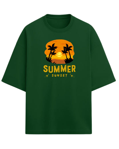 Summer Sunset Oversized T-Shirt | Tropical Beach Graphic Tee | Premium 260 GSM Cotton