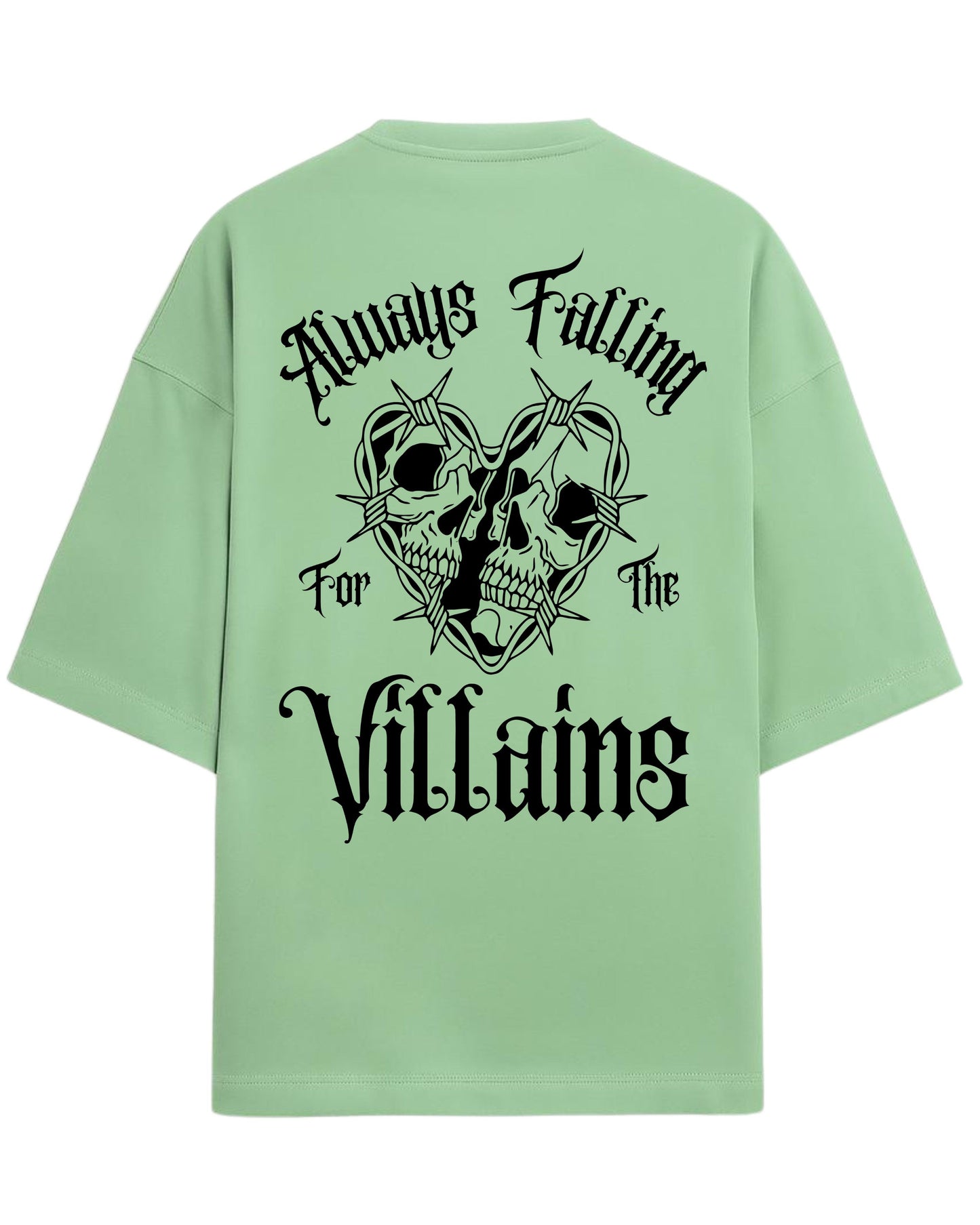 Always Falling for the Villains Oversized T-Shirt | Gothic Skull Heart Graphic Tee | Premium 260 GSM Cotton