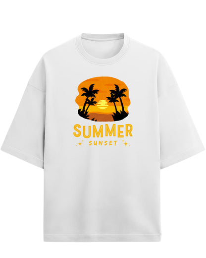 Summer Sunset Oversized T-Shirt | Tropical Beach Graphic Tee | Premium 260 GSM Cotton