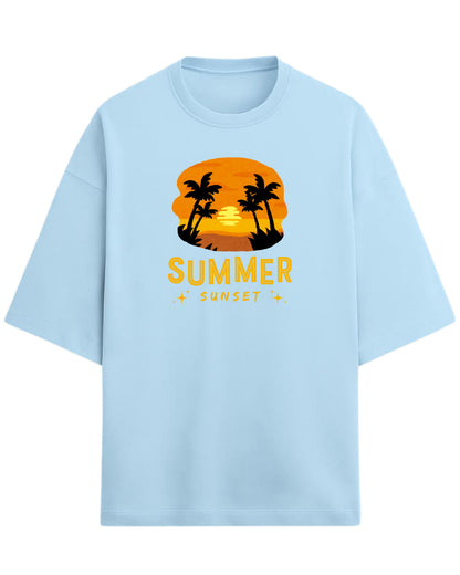 Summer Sunset Oversized T-Shirt | Tropical Beach Graphic Tee | Premium 260 GSM Cotton