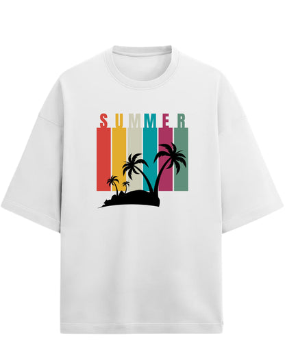 Summer Vibes Oversized T-Shirt | Retro Sunset Palm Tree Graphic Tee | Premium 260 GSM Cotton
