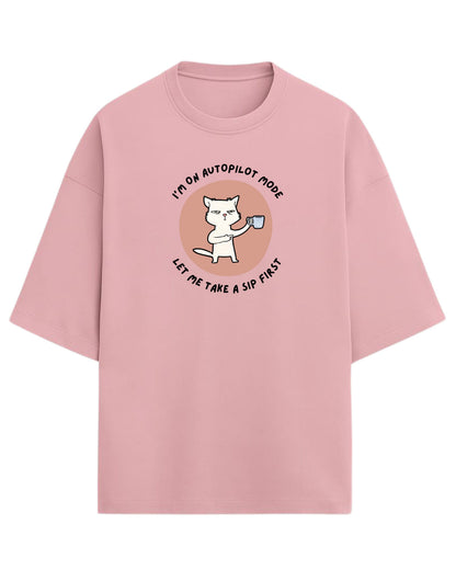 Autopilot Mode Cat Oversized T-Shirt | Coffee Lover Graphic Tee | Premium 260 GSM Cotton