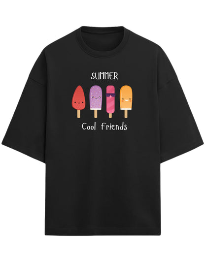 Summer Cool Friends Oversized T-Shirt | Cute Ice Cream Graphic Tee | Premium 260 GSM Cotton