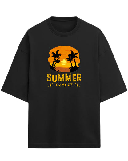 Summer Sunset Oversized T-Shirt | Tropical Beach Graphic Tee | Premium 260 GSM Cotton