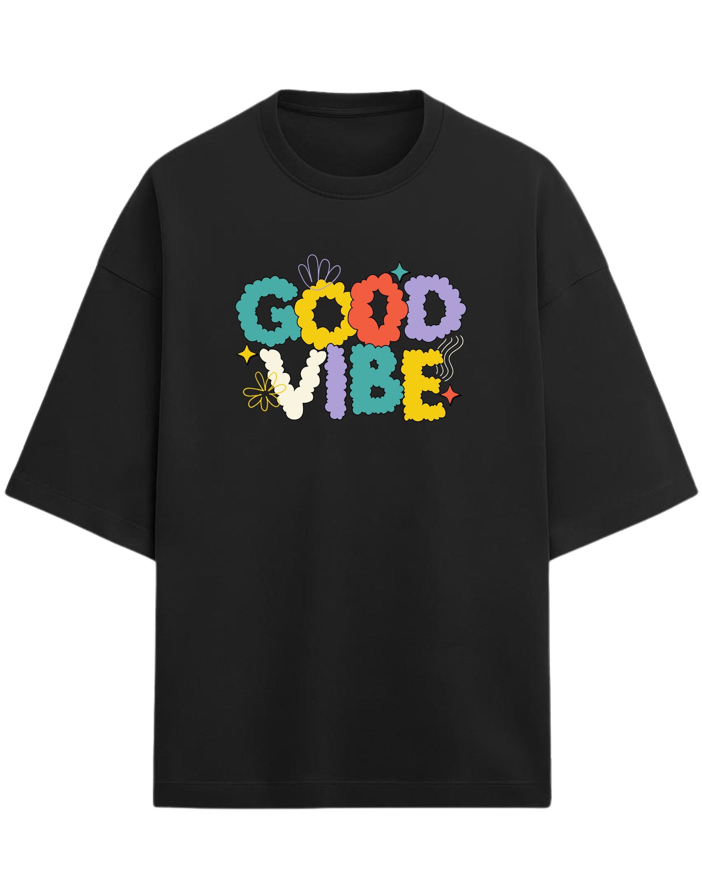 Good Vibe Oversized T-Shirt | Retro Bubble Letter Graphic Tee | Premium 260 GSM Cotton