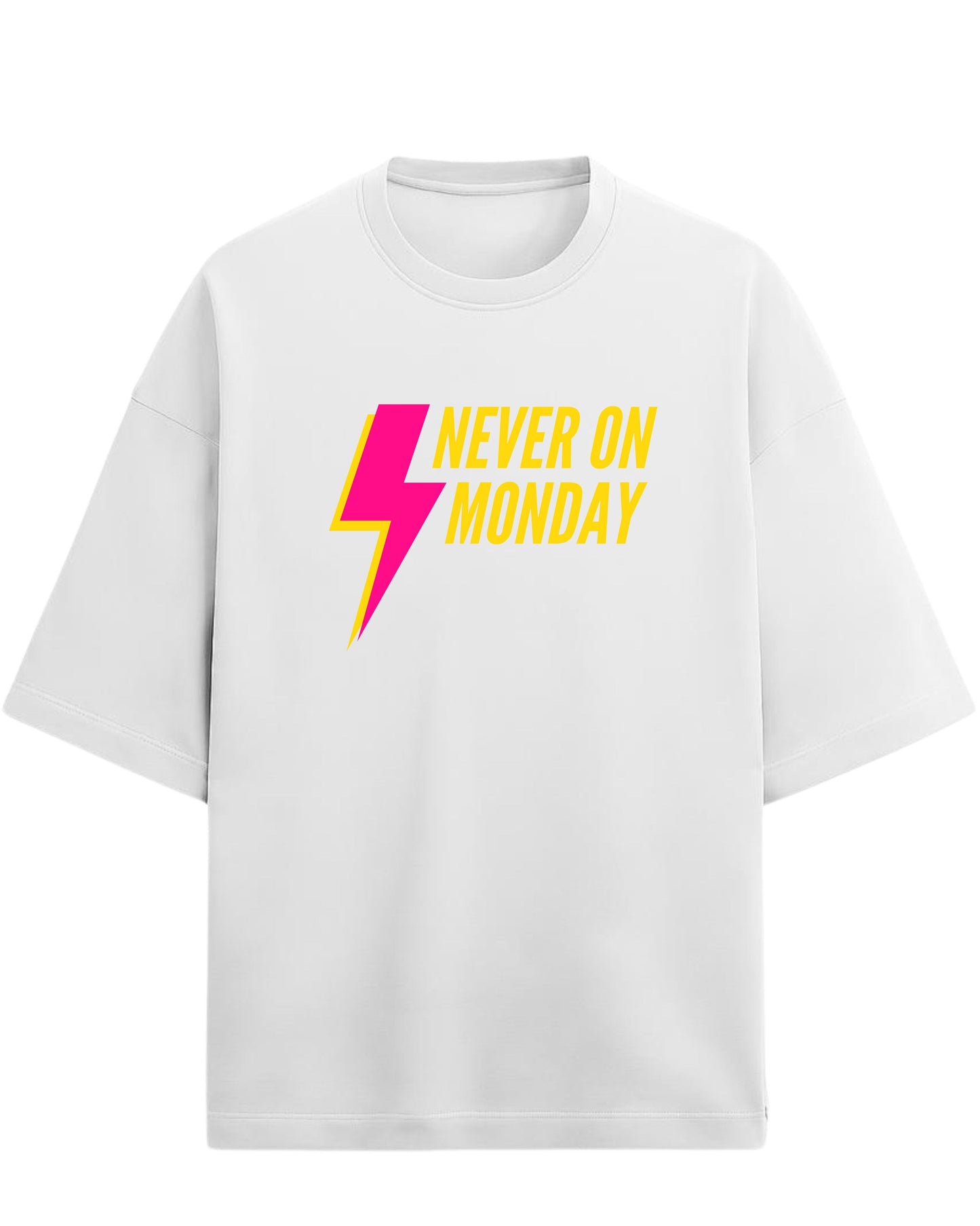 Never On Monday Oversized T-Shirt | Bold Lightning Graphic Tee | Premium 260 GSM Cotton