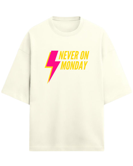 Never On Monday Oversized T-Shirt | Bold Lightning Graphic Tee | Premium 260 GSM Cotton