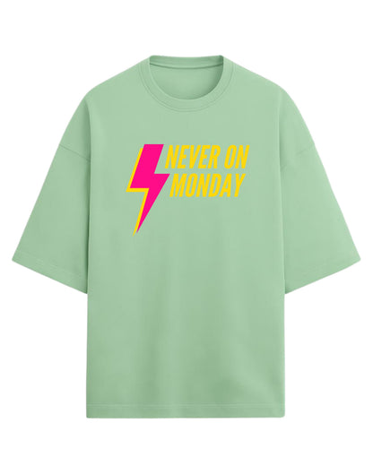 Never On Monday Oversized T-Shirt | Bold Lightning Graphic Tee | Premium 260 GSM Cotton