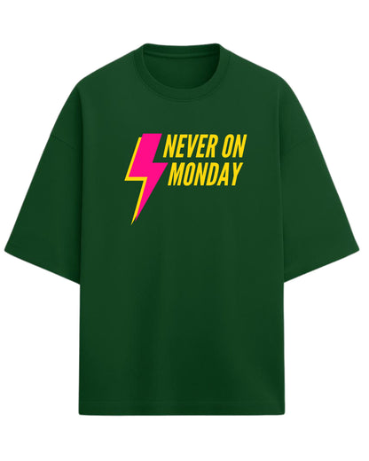 Never On Monday Oversized T-Shirt | Bold Lightning Graphic Tee | Premium 260 GSM Cotton