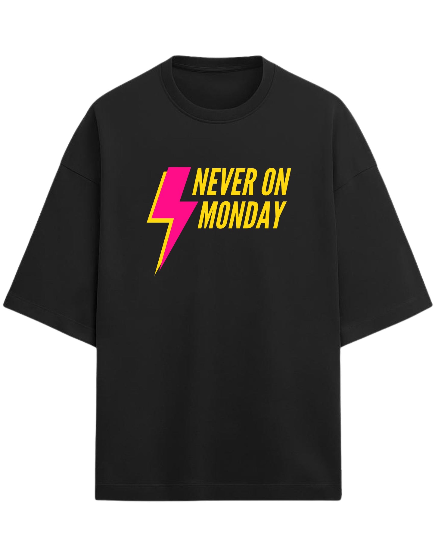 Never On Monday Oversized T-Shirt | Bold Lightning Graphic Tee | Premium 260 GSM Cotton
