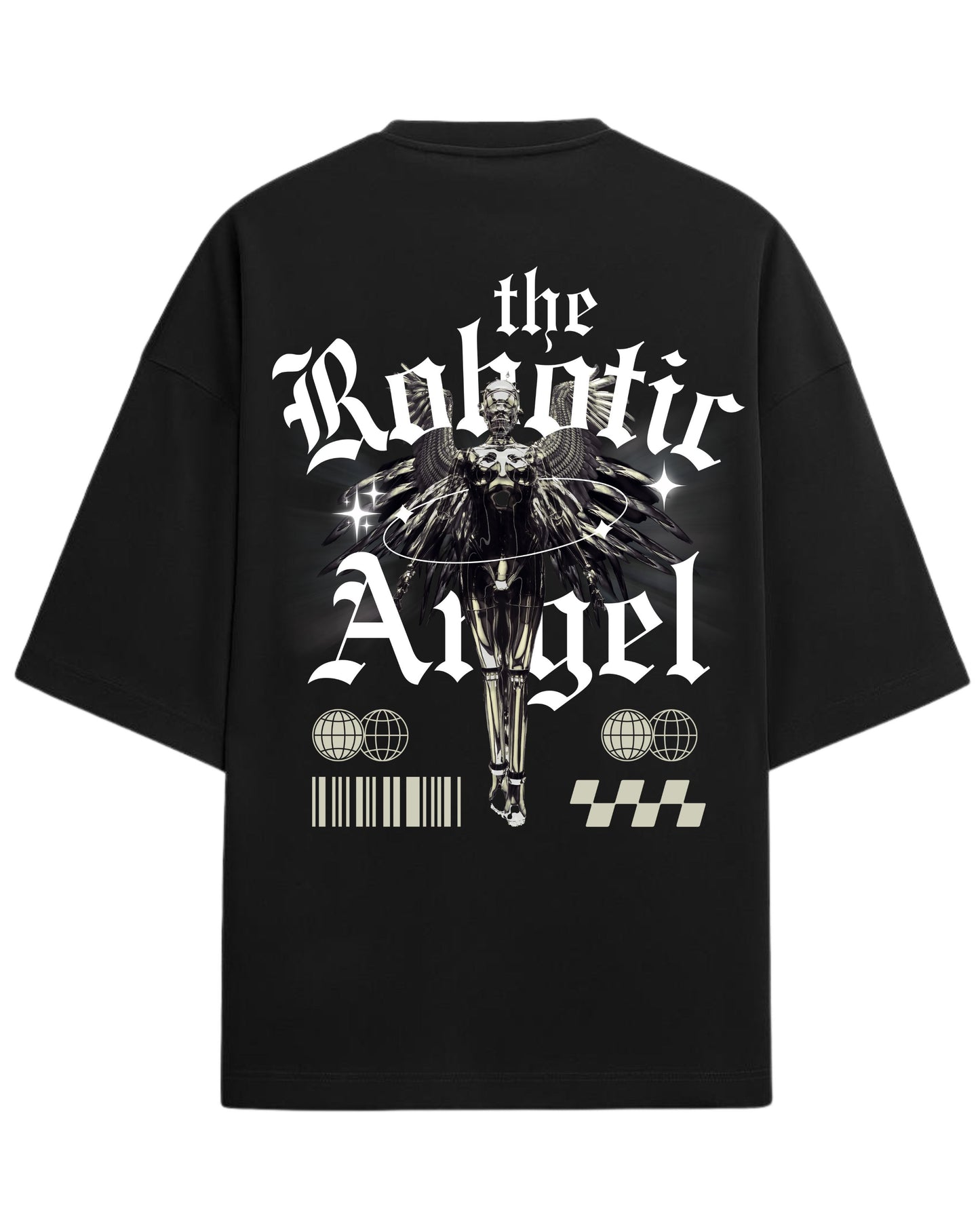 Robotic Angel Oversized T-Shirt | Futuristic Aesthetic Graphic Tee | Premium 260 GSM Cotton