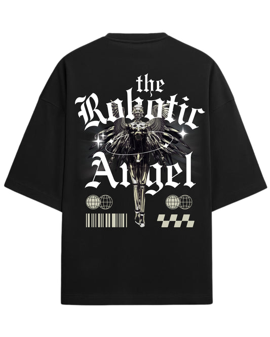 Robotic Angel Oversized T-Shirt | Futuristic Aesthetic Graphic Tee | Premium 260 GSM Cotton