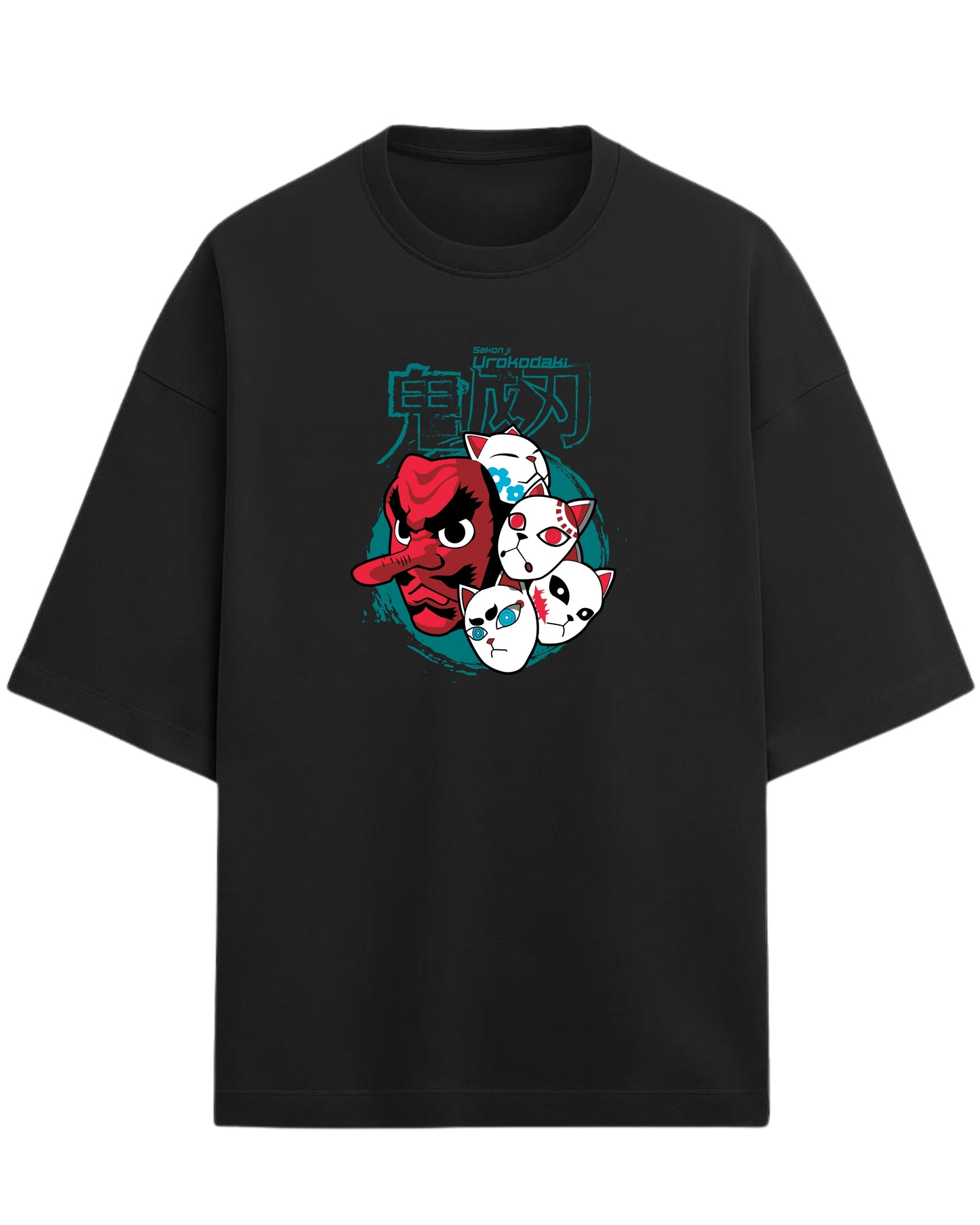 Sakonji Urokodaki & Fox Masks Oversized T-Shirt | Demon Slayer Training Arc Graphic Tee | Premium 260 GSM Cotton