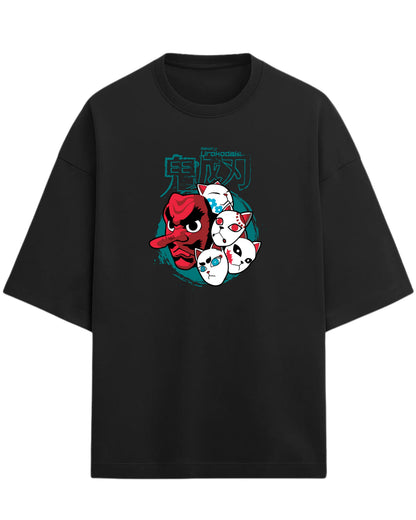 Sakonji Urokodaki & Fox Masks Oversized T-Shirt | Demon Slayer Training Arc Graphic Tee | Premium 260 GSM Cotton