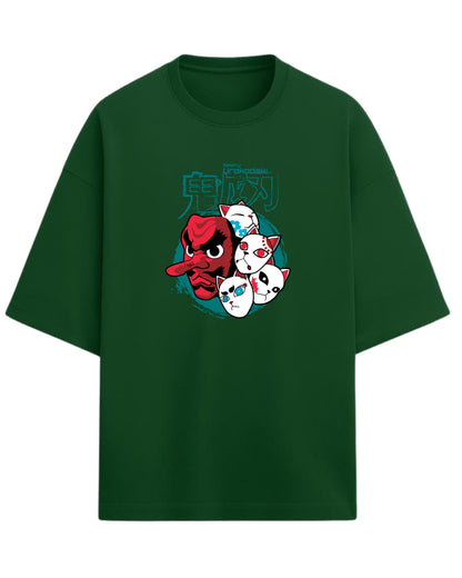 Sakonji Urokodaki & Fox Masks Oversized T-Shirt | Demon Slayer Training Arc Graphic Tee | Premium 260 GSM Cotton