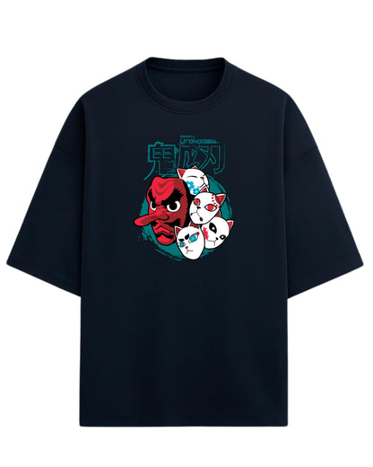 Sakonji Urokodaki & Fox Masks Oversized T-Shirt | Demon Slayer Training Arc Graphic Tee | Premium 260 GSM Cotton