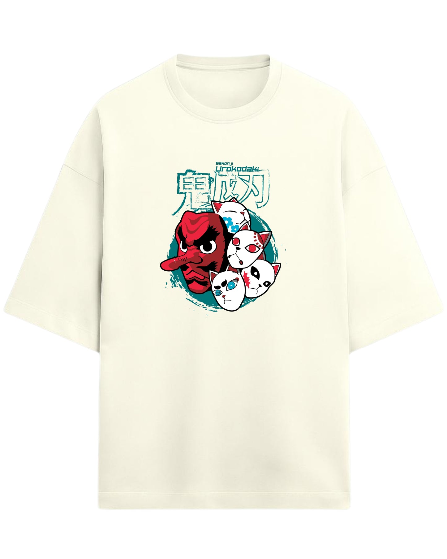 Sakonji Urokodaki & Fox Masks Oversized T-Shirt | Demon Slayer Training Arc Graphic Tee | Premium 260 GSM Cotton