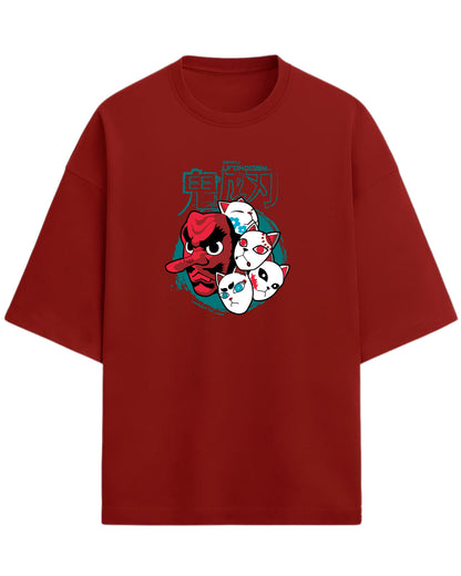 Sakonji Urokodaki & Fox Masks Oversized T-Shirt | Demon Slayer Training Arc Graphic Tee | Premium 260 GSM Cotton