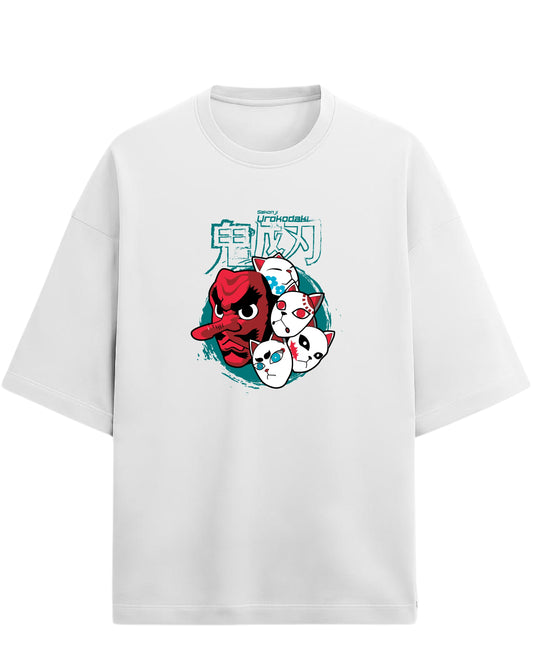 Sakonji Urokodaki & Fox Masks Oversized T-Shirt | Demon Slayer Training Arc Graphic Tee | Premium 260 GSM Cotton