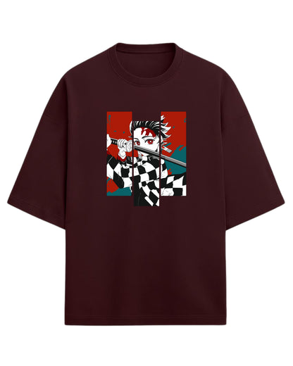 Tanjiro Kamado Battle Stance Oversized T-Shirt | Demon Slayer Manga Panel Art Tee | Premium 260 GSM Cotton