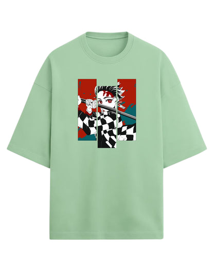 Tanjiro Kamado Battle Stance Oversized T-Shirt | Demon Slayer Manga Panel Art Tee | Premium 260 GSM Cotton