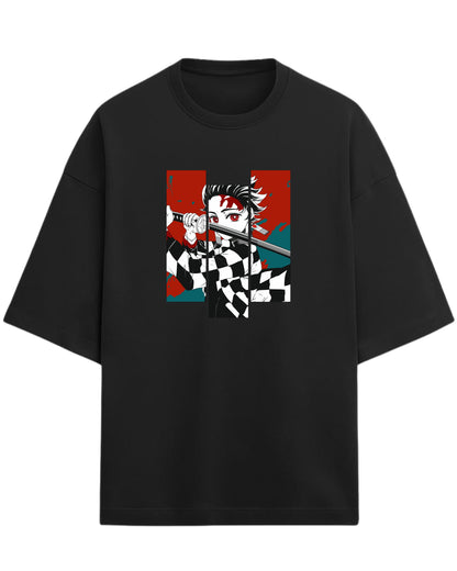 Tanjiro Kamado Battle Stance Oversized T-Shirt | Demon Slayer Manga Panel Art Tee | Premium 260 GSM Cotton