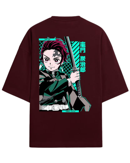 Tanjiro Kamado Katana Stance Oversized T-Shirt | Demon Slayer Anime Graphic Tee | Premium 260 GSM Cotton