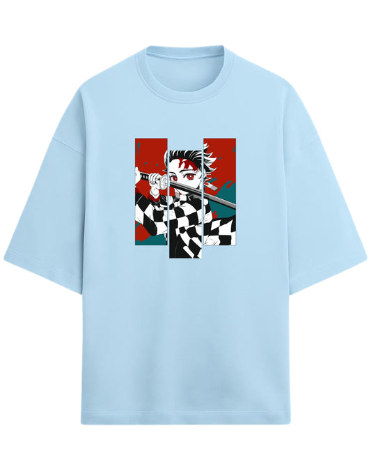 Tanjiro Kamado Battle Stance Oversized T-Shirt | Demon Slayer Manga Panel Art Tee | Premium 260 GSM Cotton