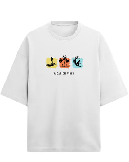 Vacation Vibes Oversized T-Shirt | Beach, Palm & Surf Graphic Tee | Premium 260 GSM Cotton