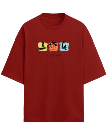 Vacation Vibes Oversized T-Shirt | Beach, Palm & Surf Graphic Tee | Premium 260 GSM Cotton