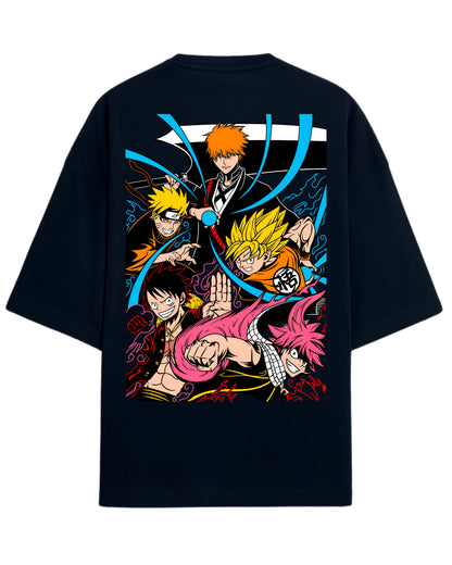 Ultimate Anime Legends Oversized T-Shirt | Goku x Naruto x Luffy x Ichigo x Natsu Crossover Tee | Premium 260 GSM Cotton
