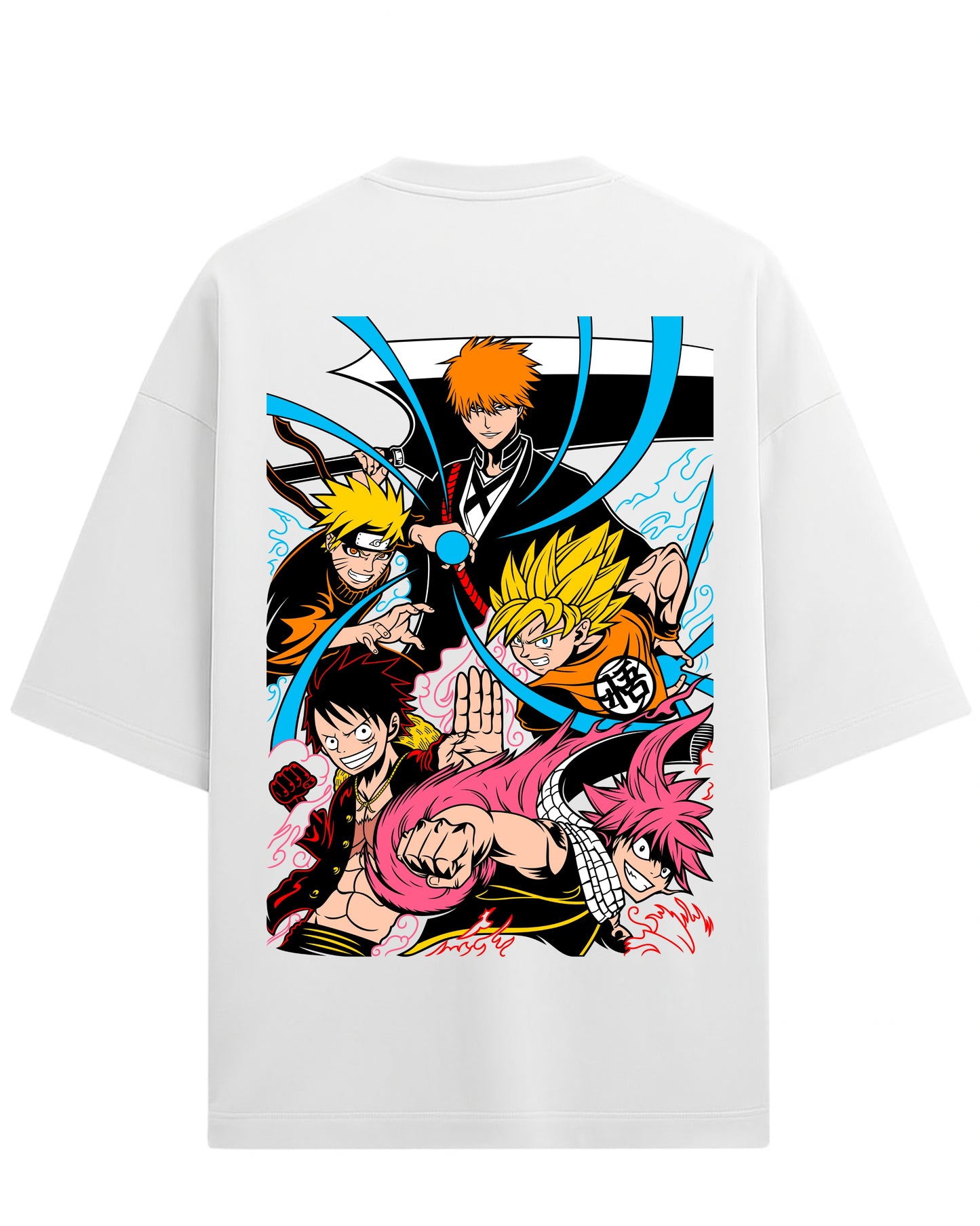 Ultimate Anime Legends Oversized T-Shirt | Goku x Naruto x Luffy x Ichigo x Natsu Crossover Tee | Premium 260 GSM Cotton