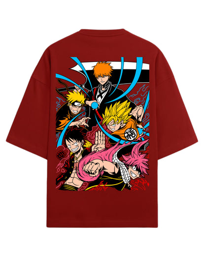 Ultimate Anime Legends Oversized T-Shirt | Goku x Naruto x Luffy x Ichigo x Natsu Crossover Tee | Premium 260 GSM Cotton