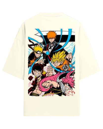 Ultimate Anime Legends Oversized T-Shirt | Goku x Naruto x Luffy x Ichigo x Natsu Crossover Tee | Premium 260 GSM Cotton
