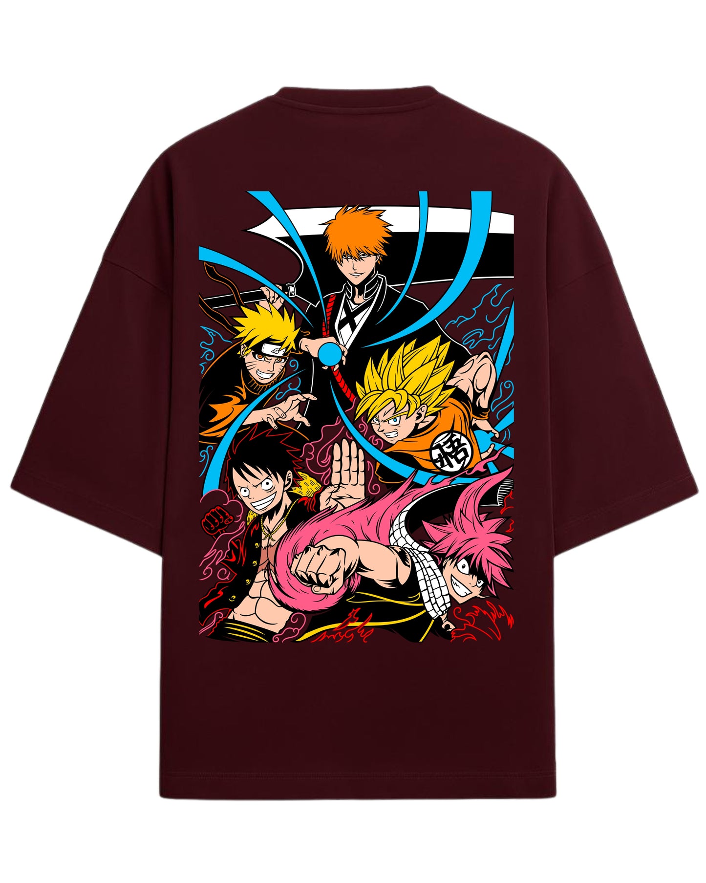 Ultimate Anime Legends Oversized T-Shirt | Goku x Naruto x Luffy x Ichigo x Natsu Crossover Tee | Premium 260 GSM Cotton