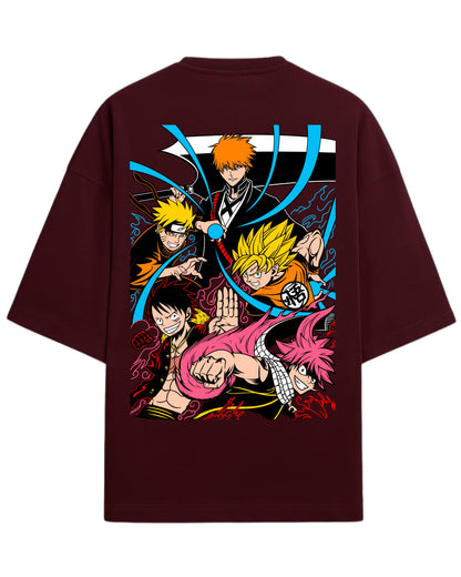 Ultimate Anime Legends Oversized T-Shirt | Goku x Naruto x Luffy x Ichigo x Natsu Crossover Tee | Premium 260 GSM Cotton