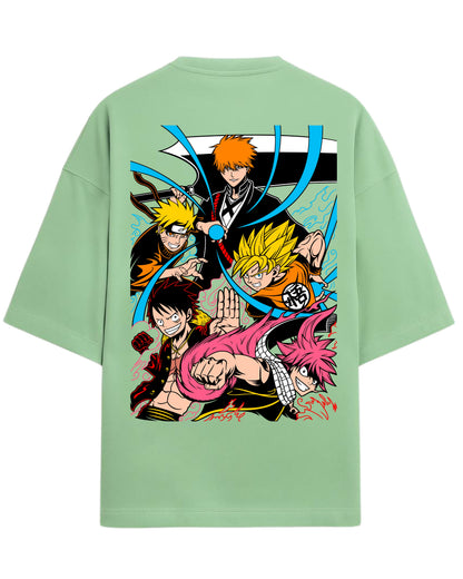 Ultimate Anime Legends Oversized T-Shirt | Goku x Naruto x Luffy x Ichigo x Natsu Crossover Tee | Premium 260 GSM Cotton